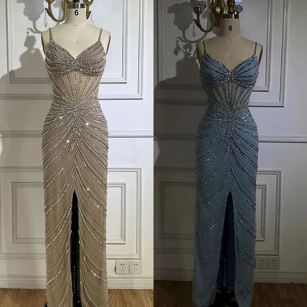 Vestido de noche de lujo con escote sirena y tirantes finos en azul de Dubái, con abertura y cuentas, para mujer, para boda, fiesta, 2025, LA72439