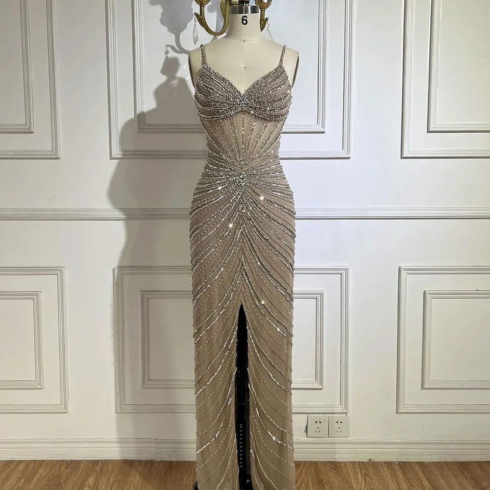 Vestido de noche de lujo con escote sirena y tirantes finos en azul de Dubái, con abertura y cuentas, para mujer, para boda, fiesta, 2025, LA72439