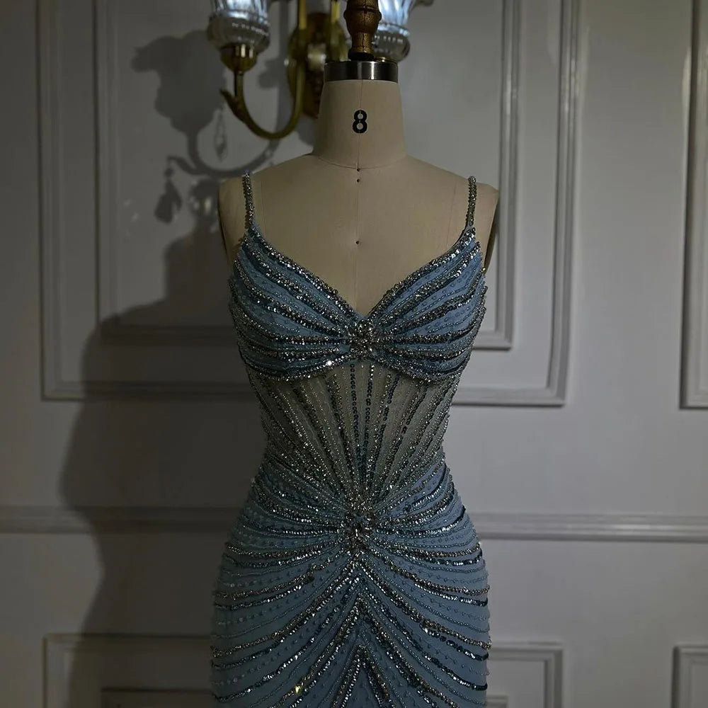 Vestido de noche de lujo con escote sirena y tirantes finos en azul de Dubái, con abertura y cuentas, para mujer, para boda, fiesta, 2025, LA72439