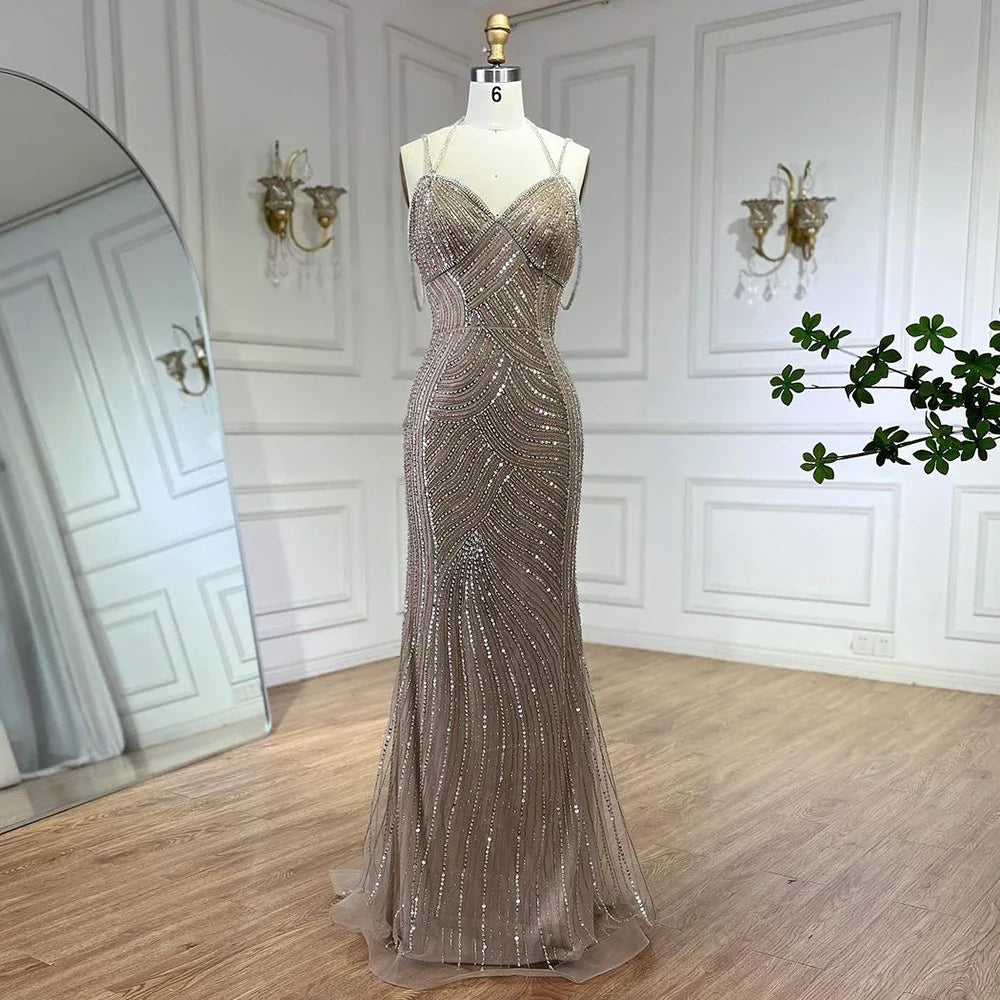 Vestidos de noche estilo sirena con tirantes finos y cuentas color caramelo de Dubái para mujer, para fiesta de bodas 2025 LA72501