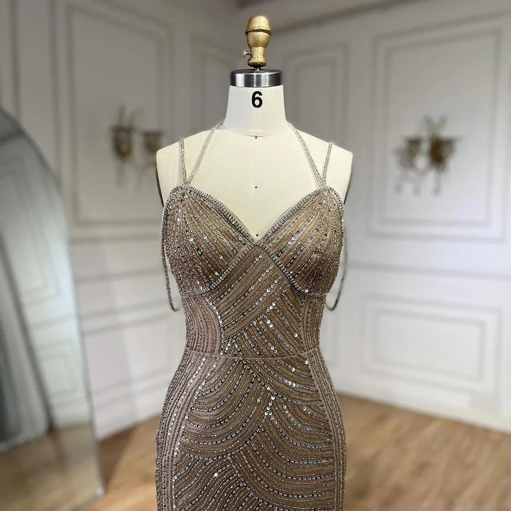 Vestidos de noche estilo sirena con tirantes finos y cuentas color caramelo de Dubái para mujer, para fiesta de bodas 2025 LA72501