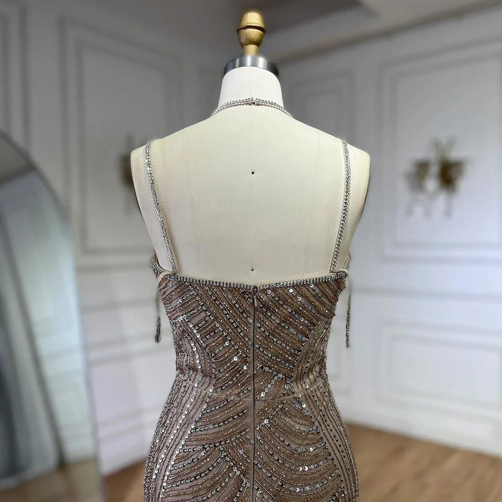 Vestidos de noche estilo sirena con tirantes finos y cuentas color caramelo de Dubái para mujer, para fiesta de bodas 2025 LA72501