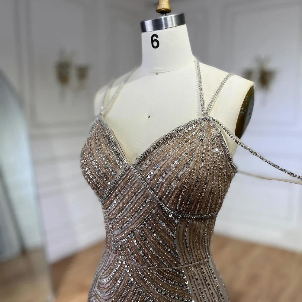 Vestidos de noche estilo sirena con tirantes finos y cuentas color caramelo de Dubái para mujer, para fiesta de bodas 2025 LA72501