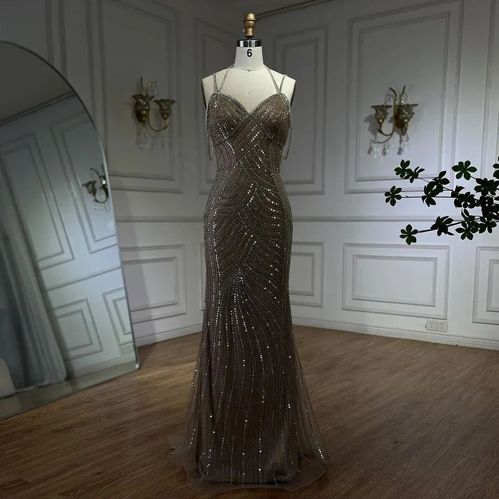 Vestidos de noche estilo sirena con tirantes finos y cuentas color caramelo de Dubái para mujer, para fiesta de bodas 2025 LA72501