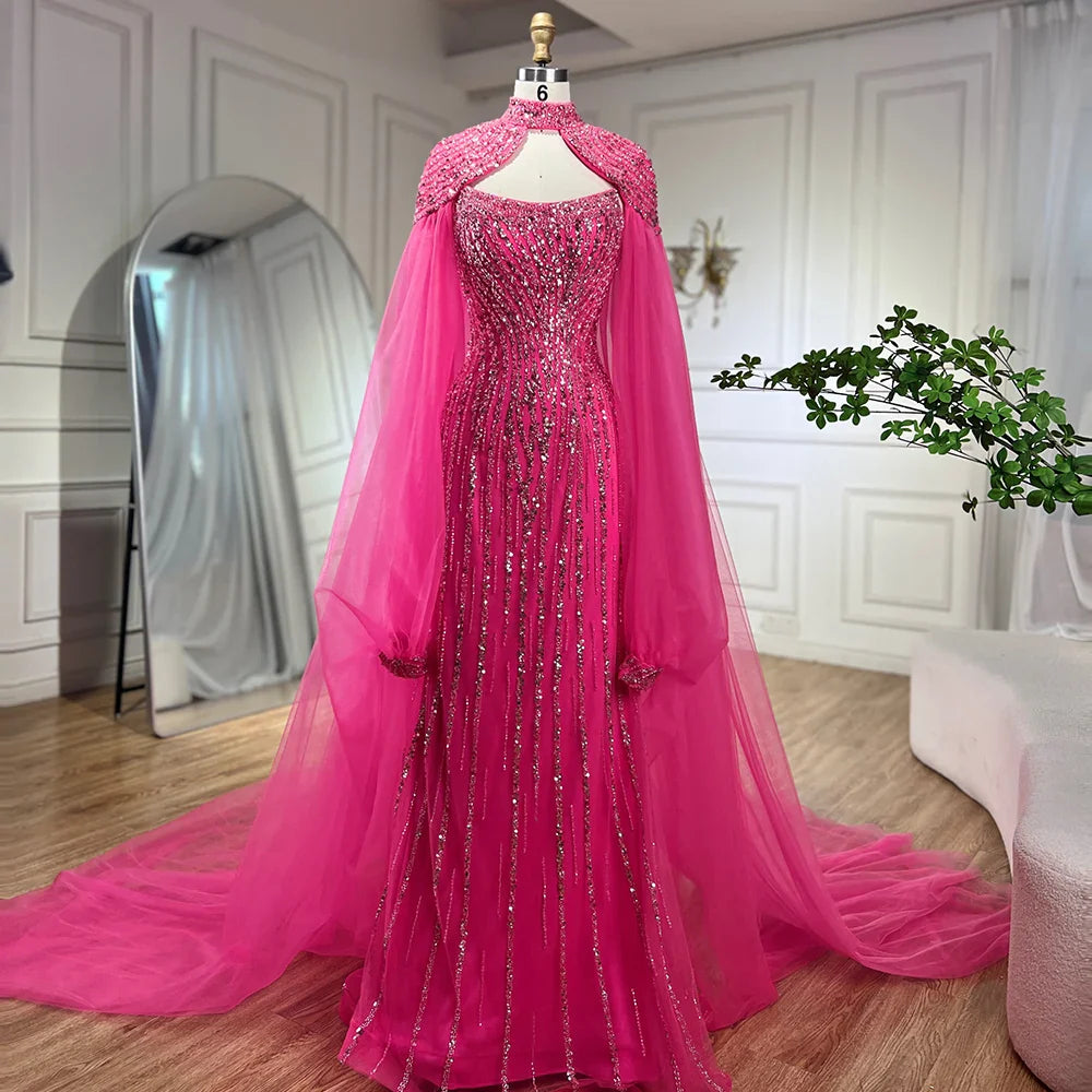 Vestido de noche de lujo estilo sirena color caramelo de Dubái con capa larga y perlas para mujer, ideal para bodas 2025 LA72223