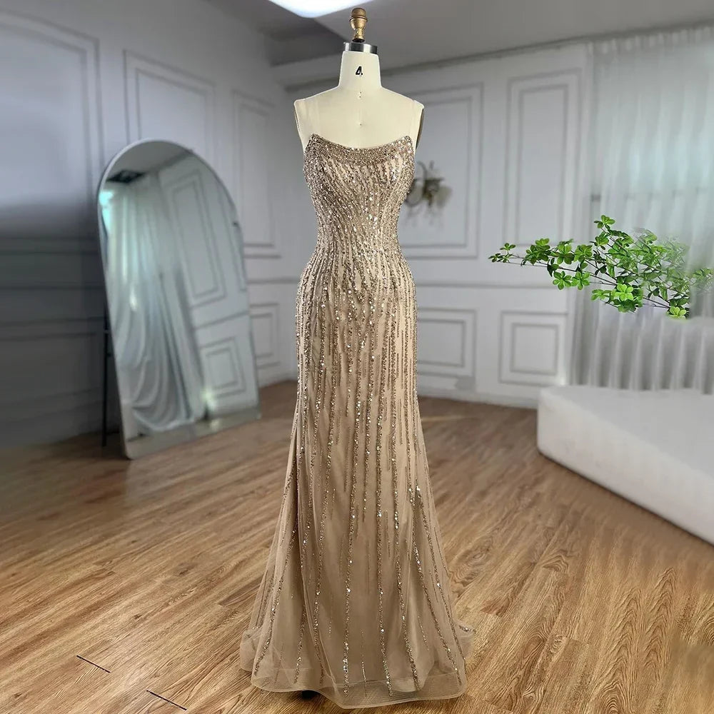 Vestido de noche de lujo estilo sirena color caramelo de Dubái con capa larga y perlas para mujer, ideal para bodas 2025 LA72223