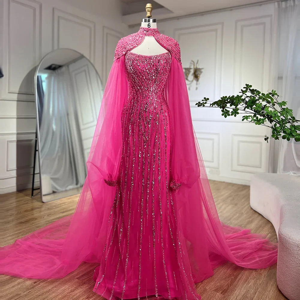 Vestido de noche de lujo estilo sirena color caramelo de Dubái con capa larga y perlas para mujer, ideal para bodas 2025 LA72223
