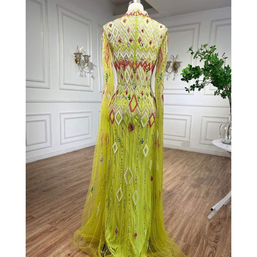 Dubai Designer Grüne Meerjungfrau Arabisch Abendkleid Mit Cape Luxus Formale Kleider für Frauen Hochzeit Party LA72094