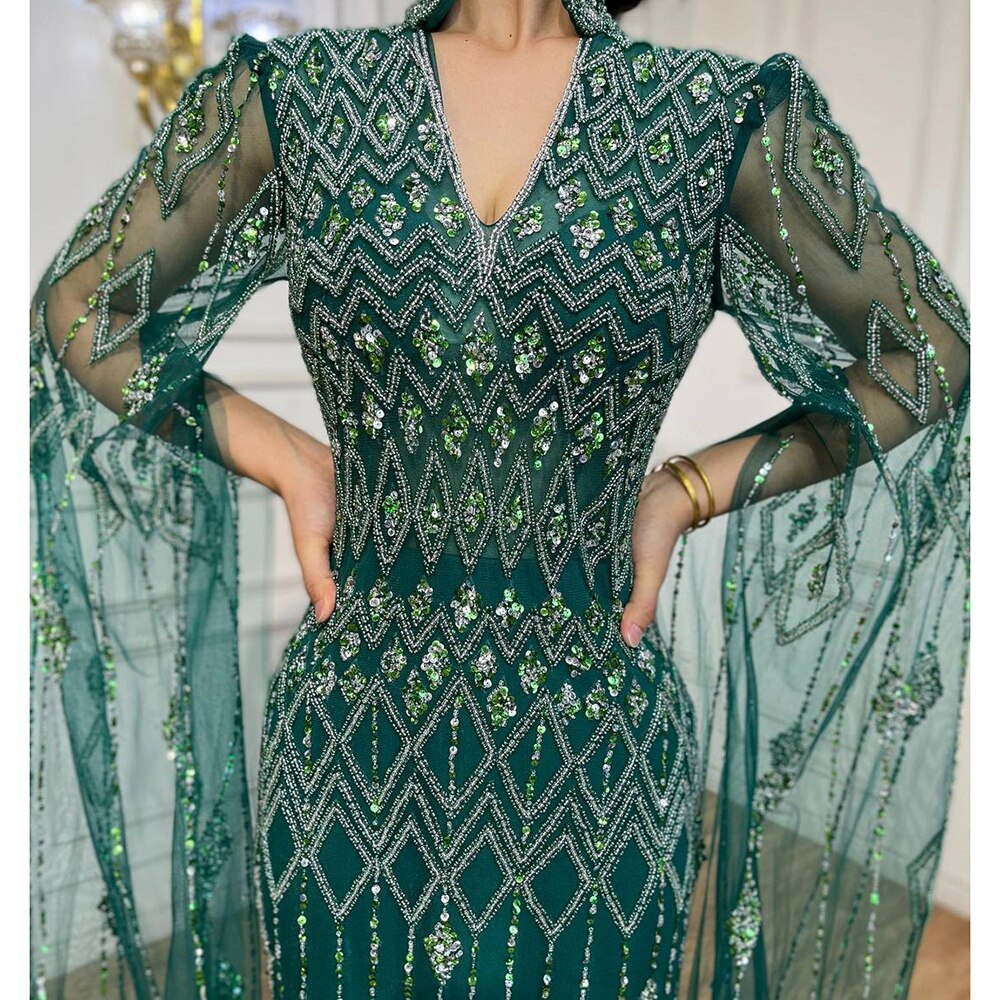 Dubai Designer Grüne Meerjungfrau Arabisch Abendkleid Mit Cape Luxus Formale Kleider für Frauen Hochzeit Party LA72094