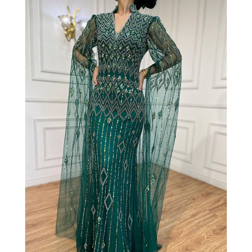 Dubai Designer Grüne Meerjungfrau Arabisch Abendkleid Mit Cape Luxus Formale Kleider für Frauen Hochzeit Party LA72094
