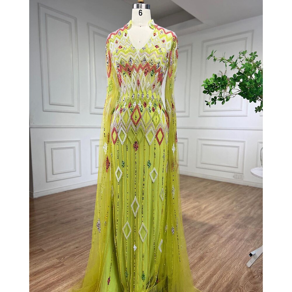 Dubai Designer Grüne Meerjungfrau Arabisch Abendkleid Mit Cape Luxus Formale Kleider für Frauen Hochzeit Party LA72094
