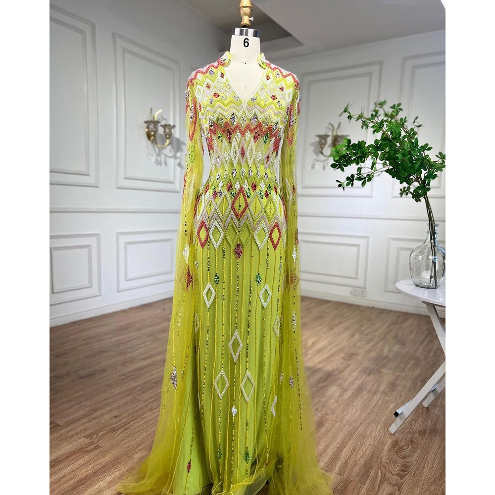 Dubai Designer Grüne Meerjungfrau Arabisch Abendkleid Mit Cape Luxus Formale Kleider für Frauen Hochzeit Party LA72094