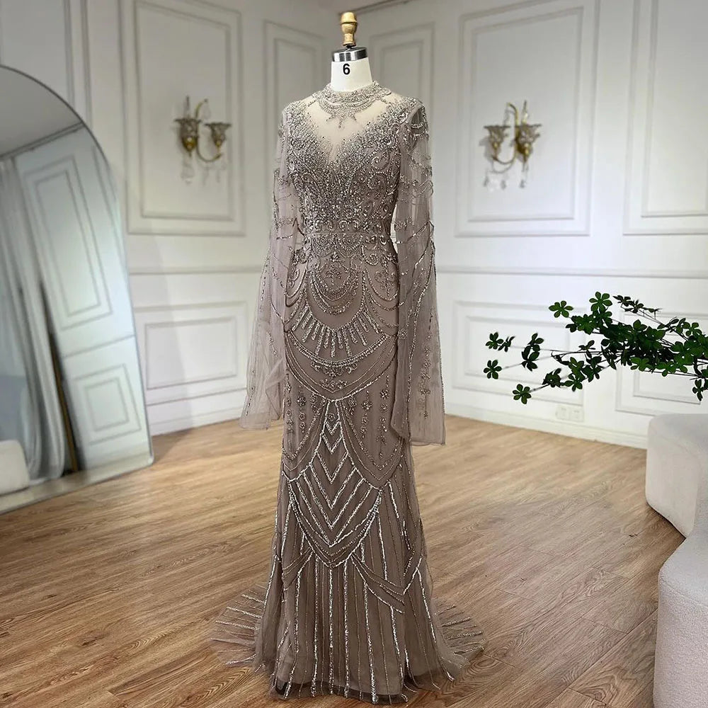 Vestidos de noche elegantes de sirena con encaje y cuentas, estilo árabe, de lujo, color gris, para mujer, para fiesta de bodas, LA72517