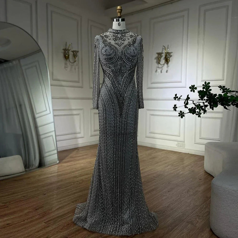 Elegante vestido de noche de lujo con encaje y cuentas de cristal, estilo sirena gris de Dubái, para mujer, para boda, fiesta, 2025, LA72516
