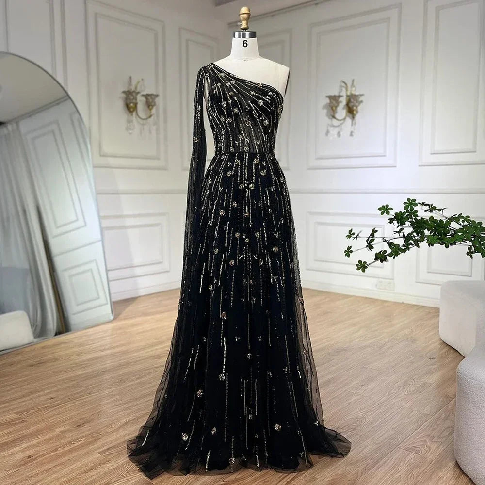 Vestido de noche de lujo con cuentas, corte A, un hombro descubierto, mangas estilo capa, color verde Dubái, para mujer, para fiesta de boda LA72503