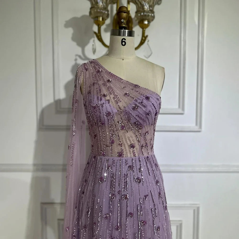 Vestido de noche de lujo con cuentas, corte A, un hombro descubierto, mangas estilo capa, color verde Dubái, para mujer, para fiesta de boda LA72503