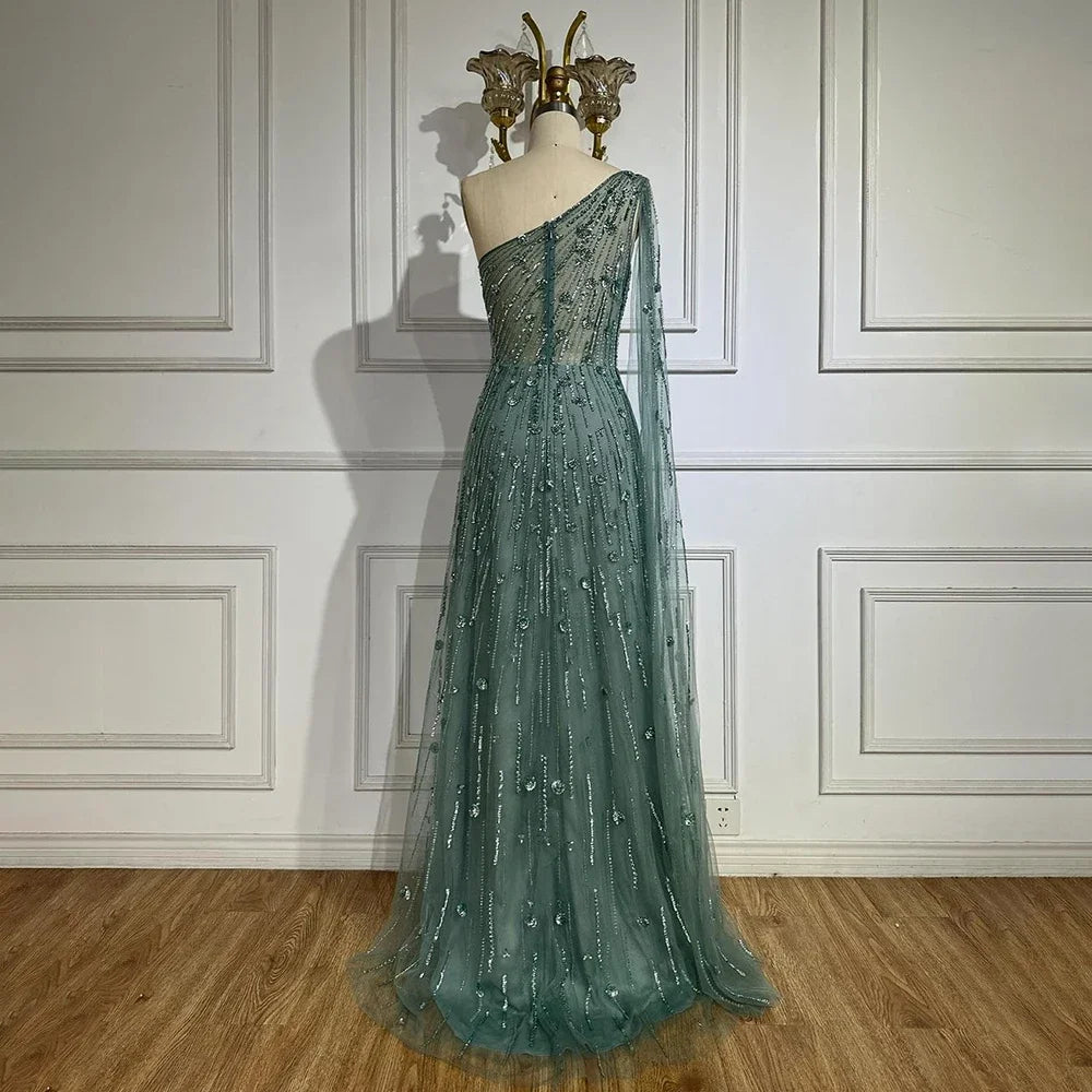 Vestido de noche de lujo con cuentas, corte A, un hombro descubierto, mangas estilo capa, color verde Dubái, para mujer, para fiesta de boda LA72503