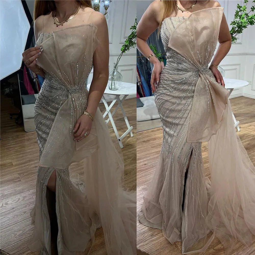 Vestidos de noche de sirena con abertura alta y cuentas verdes de Dubái 2025, vestidos de fiesta para mujer, fiesta de boda LA72090