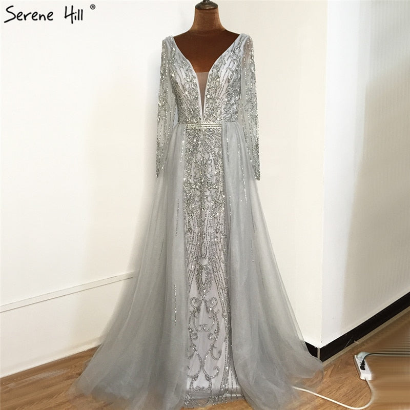 Vestido de noche estilo sirena con escote en V y mangas largas, color gris, estilo Dubái, 2025, con cuentas de cristal, de lujo, para fiesta formal, CLA70433