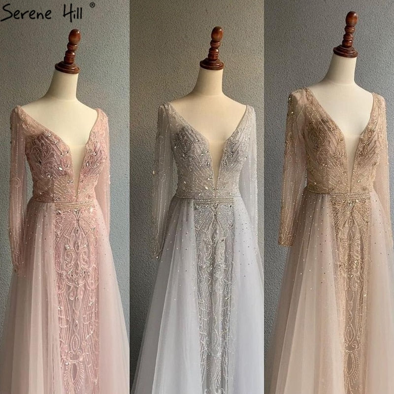 Vestido de noche estilo sirena con escote en V y mangas largas, color gris, estilo Dubái, 2025, con cuentas de cristal, de lujo, para fiesta formal, CLA70433