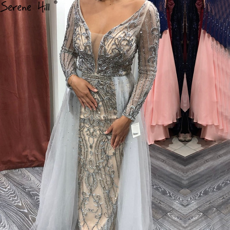 Vestido de noche estilo sirena con escote en V y mangas largas, color gris, estilo Dubái, 2025, con cuentas de cristal, de lujo, para fiesta formal, CLA70433