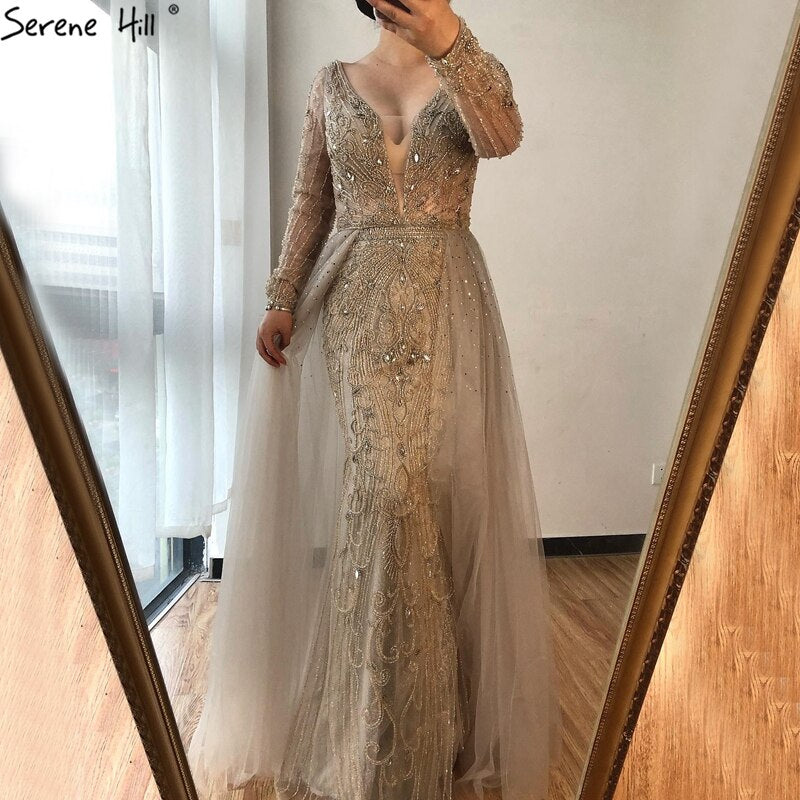 Vestido de noche estilo sirena con escote en V y mangas largas, color gris, estilo Dubái, 2025, con cuentas de cristal, de lujo, para fiesta formal, CLA70433