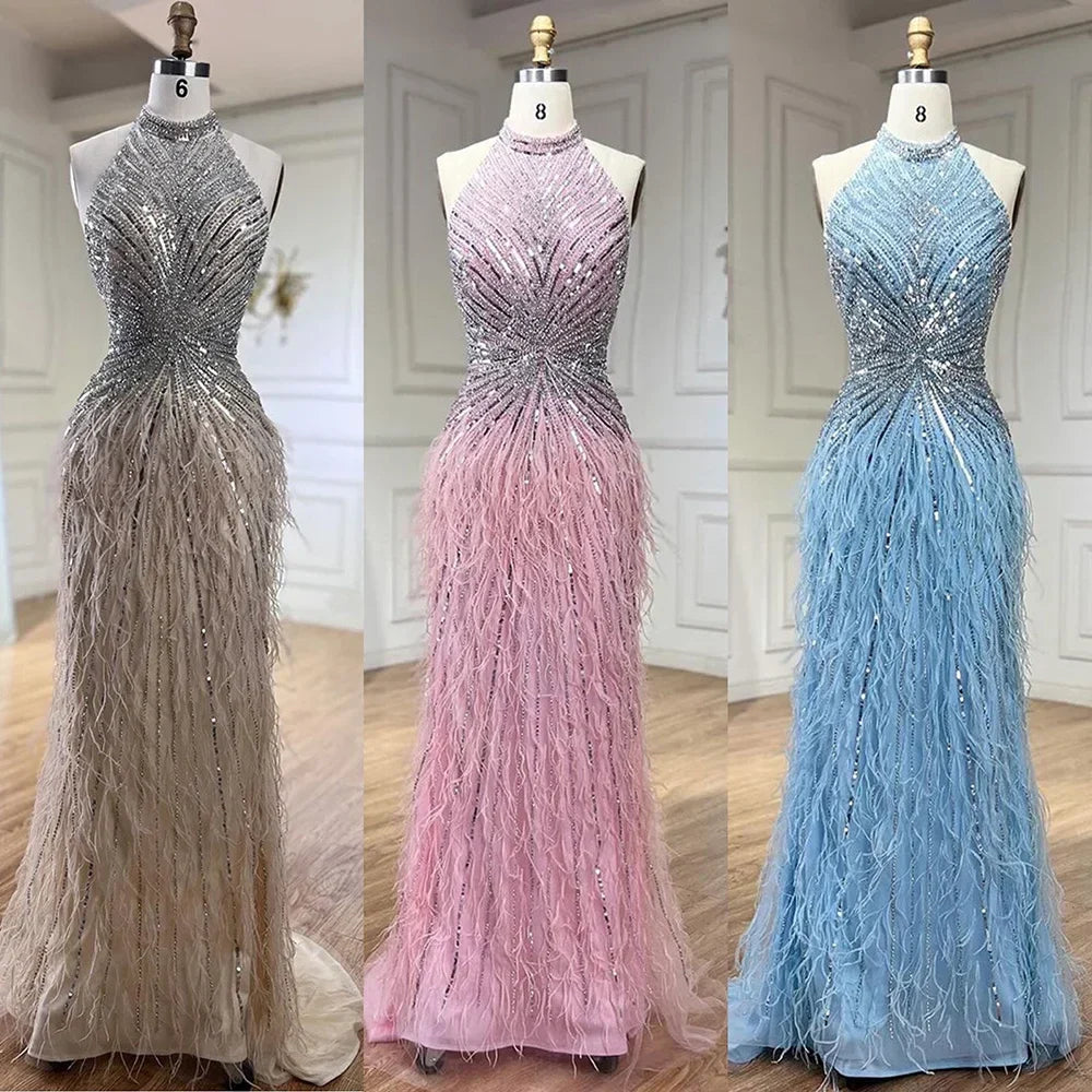 Vestido de noche estilo sirena, de lujo, estilo Dubái, con cuello halter, plumas beige y cuentas, para mujer, para boda, fiesta, 2025, LA70623A