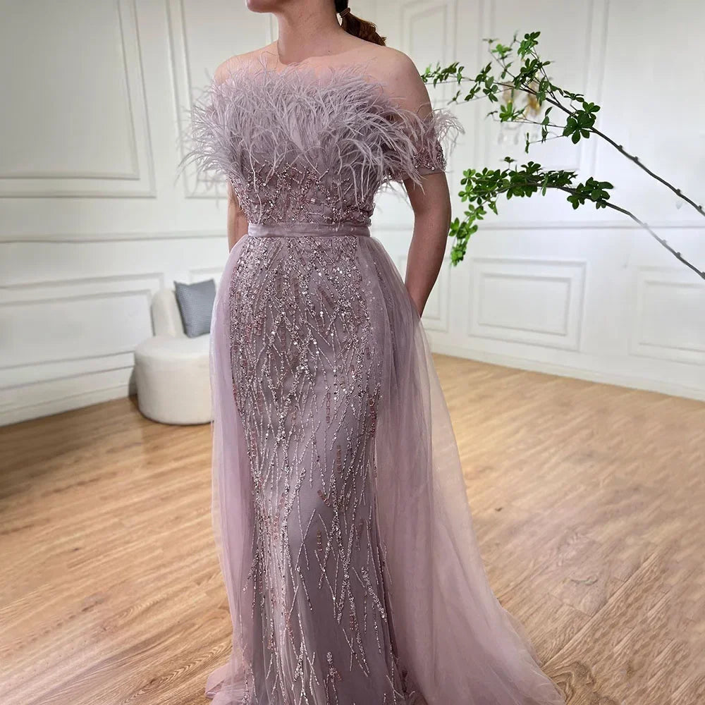 Dubai Luxus Perlenbesetztes blaues Meerjungfrau-Abendkleid mit Überrock LA71634