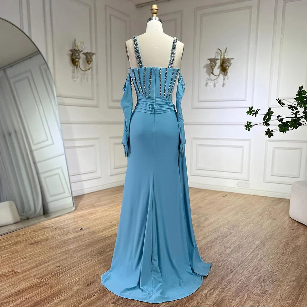 Vestido de noche de lujo de Dubái 2025, azul, con abertura alta, corte sirena, tirantes finos y guantes, ideal para bodas LA72366
