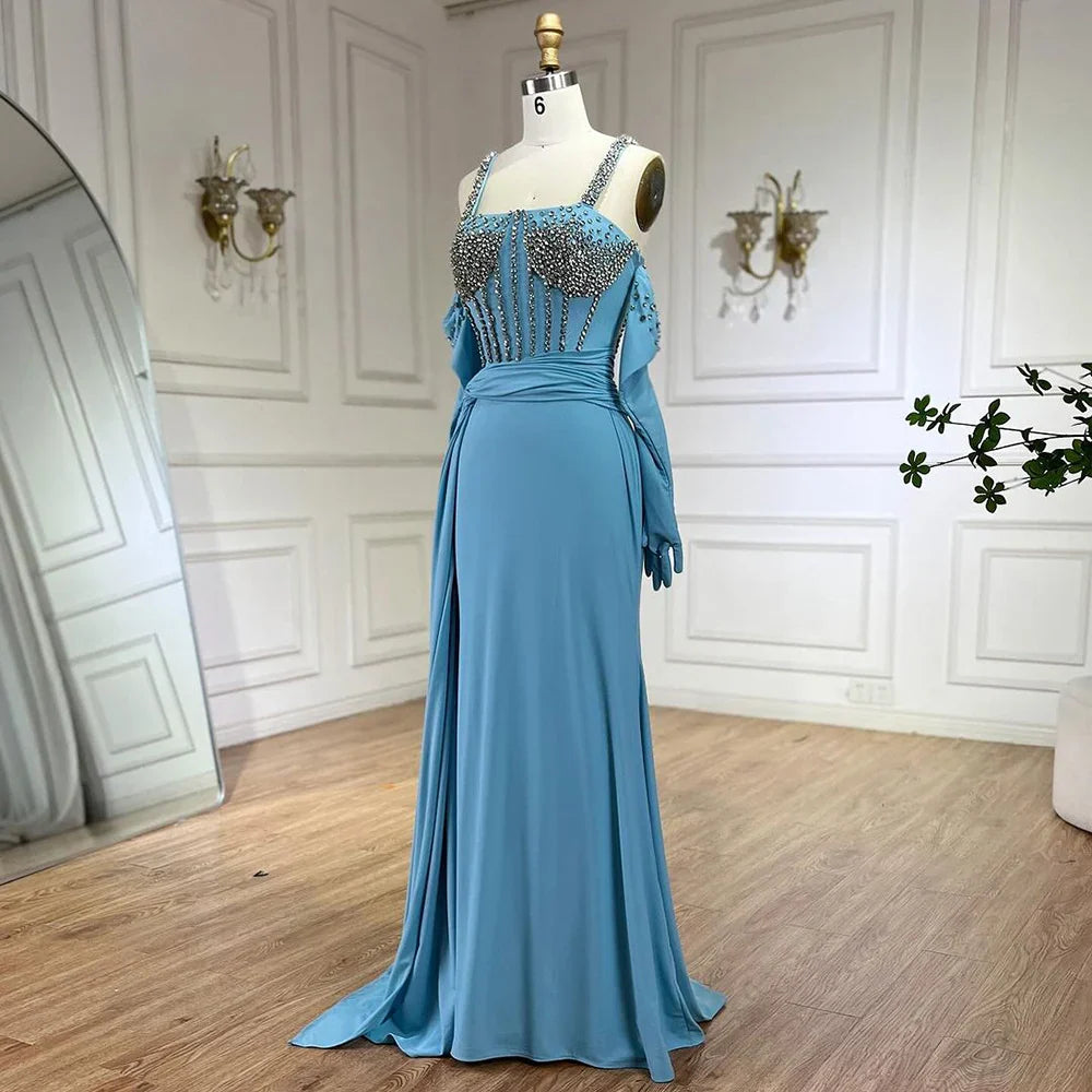 Vestido de noche de lujo de Dubái 2025, azul, con abertura alta, corte sirena, tirantes finos y guantes, ideal para bodas LA72366