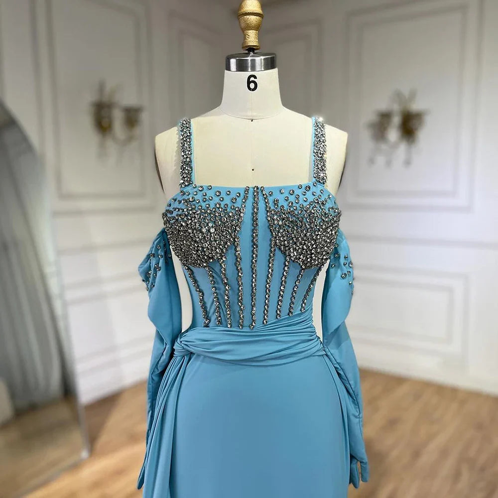 Vestido de noche de lujo de Dubái 2025, azul, con abertura alta, corte sirena, tirantes finos y guantes, ideal para bodas LA72366