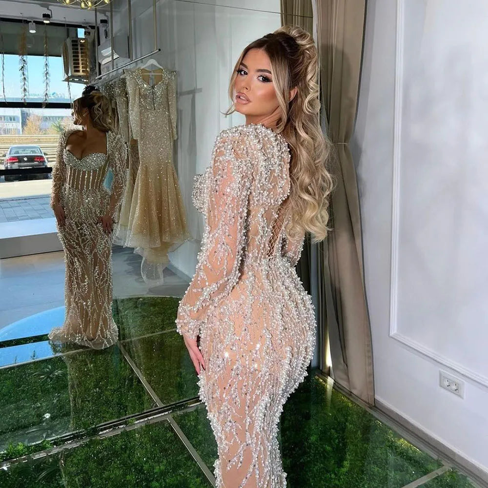 Vestido de noche elegante estilo sirena árabe color nude con cuentas y perlas de Dubái para mujer - Fiesta de bodas 2025 LA72361
