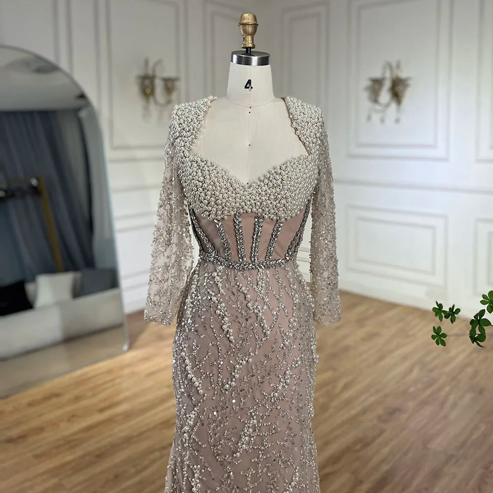 Vestido de noche elegante estilo sirena árabe color nude con cuentas y perlas de Dubái para mujer - Fiesta de bodas 2025 LA72361