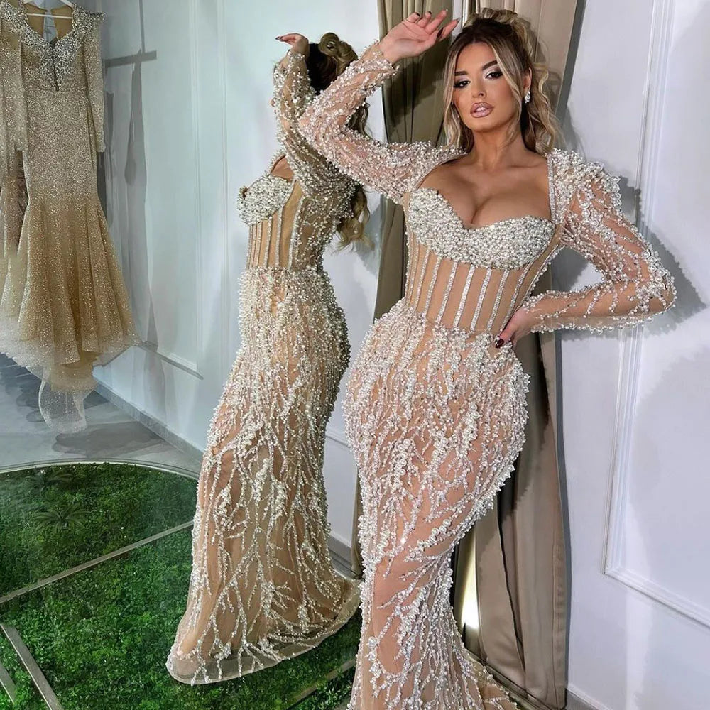Vestido de noche elegante estilo sirena árabe color nude con cuentas y perlas de Dubái para mujer - Fiesta de bodas 2025 LA72361