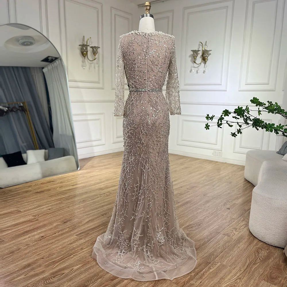Vestido de noche elegante estilo sirena árabe color nude con cuentas y perlas de Dubái para mujer - Fiesta de bodas 2025 LA72361