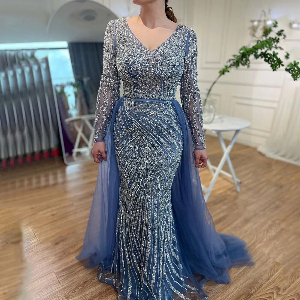 Vestidos de noche musulmanes de lujo en azul con cuentas y sirena de Dubái, con falda desmontable, 2025, para mujer, fiesta, LA71750