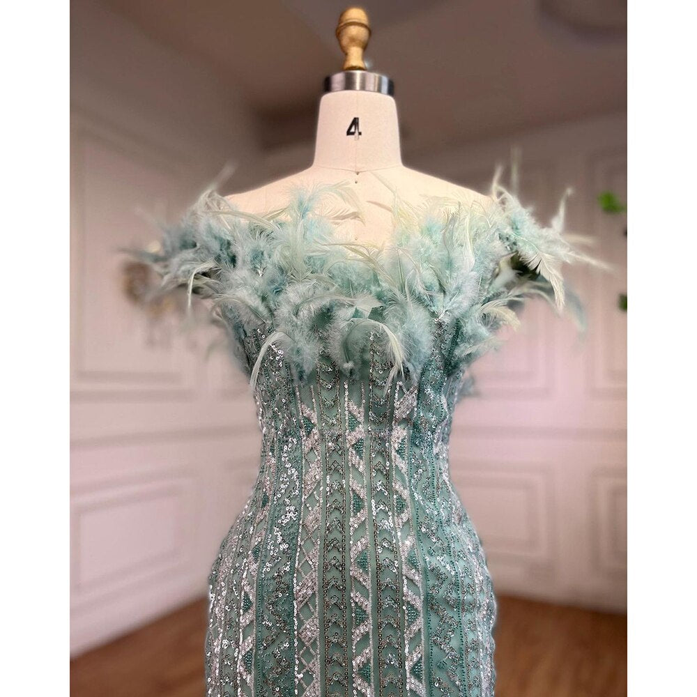 Vestidos de noche de sirena sexys con plumas de cristal de lujo de Dubái Mint, vestidos formales para mujer, fiesta de bodas 2025 LA72095