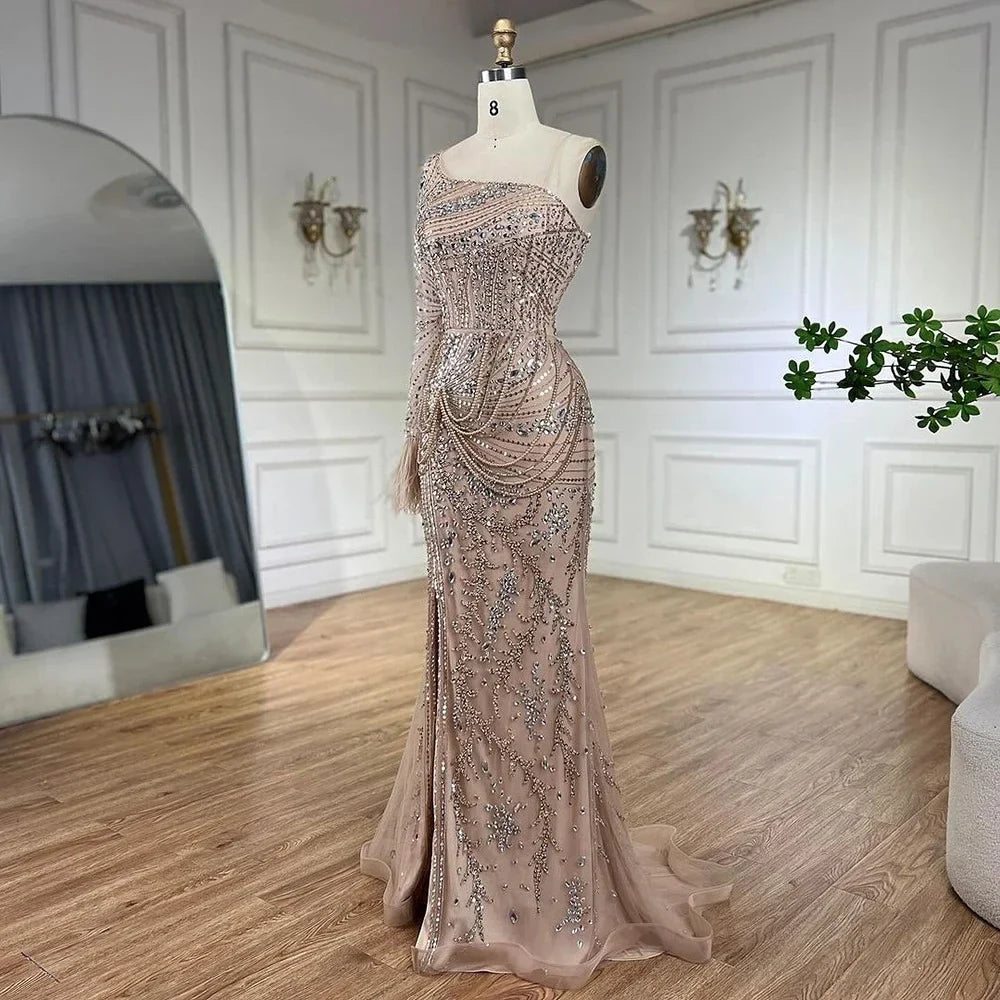 Vestido de noche estilo sirena con abertura y plumas, de lujo, color nude, de Dubái, con un solo hombro, para mujer, vestido de fiesta LA72353