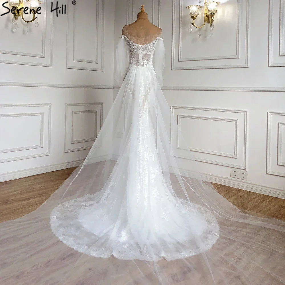 Vestidos de novia elegantes de sirena con encaje de cristal, hombros descubiertos y mangas farol, hechos a medida, estilo Dubái 2025, HA2402