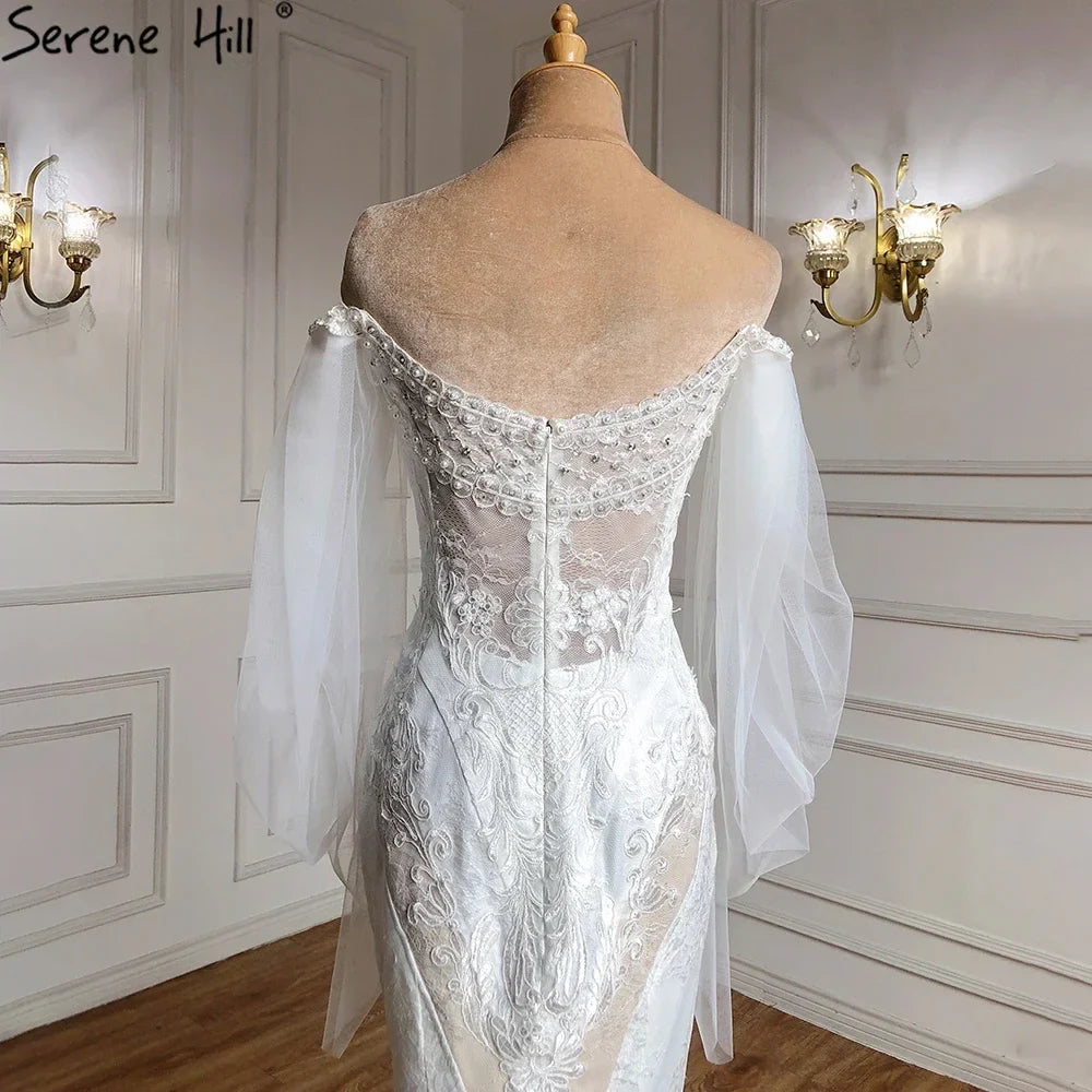 Vestidos de novia elegantes de sirena con encaje de cristal, hombros descubiertos y mangas farol, hechos a medida, estilo Dubái 2025, HA2402