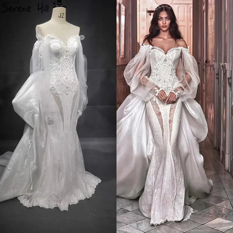 Vestidos de novia elegantes de sirena con encaje de cristal, hombros descubiertos y mangas farol, hechos a medida, estilo Dubái 2025, HA2402