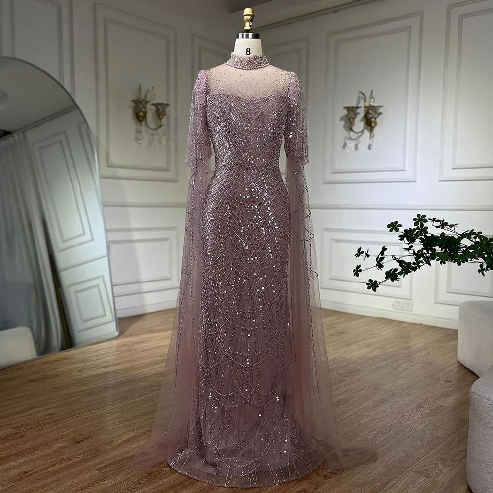 Vestido de noche árabe largo de lujo con mangas abullonadas, estilo sirena, con cuentas, color rosa de Dubái, para mujer, para fiesta de bodas LA71992A