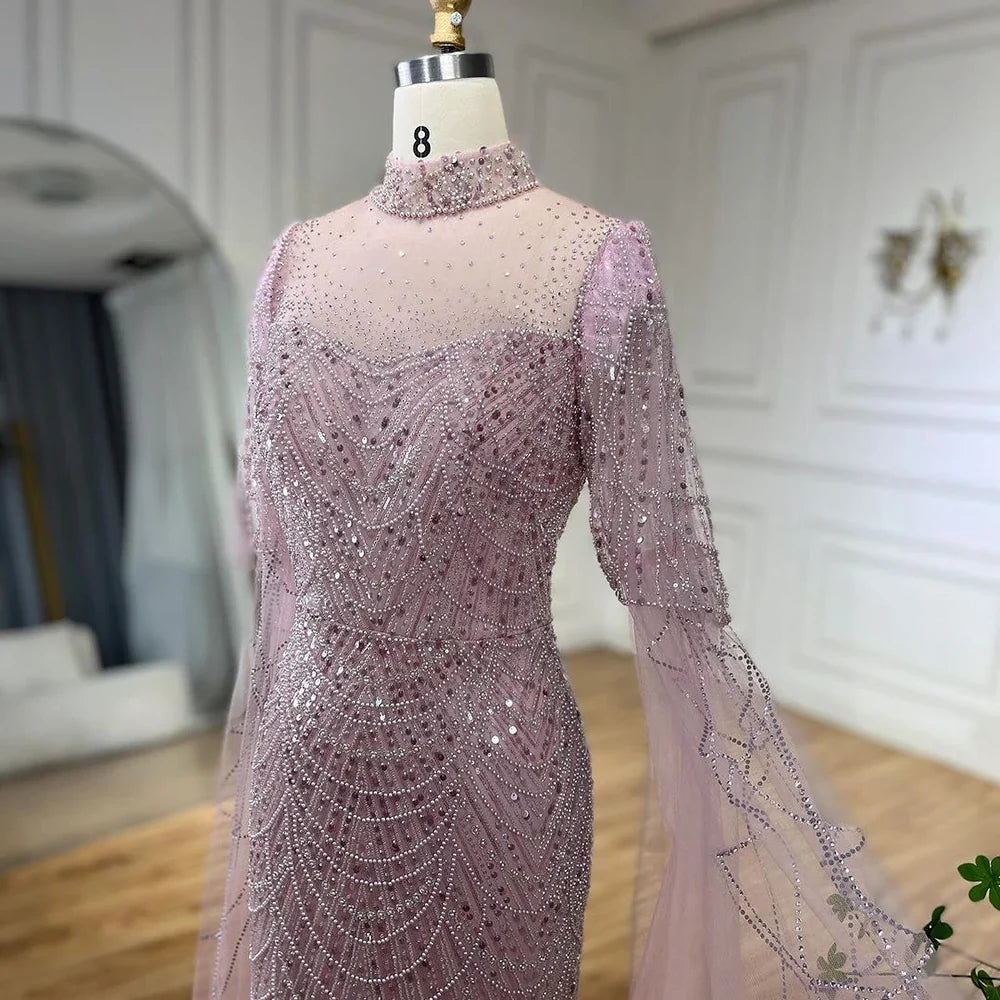 Vestido de noche árabe largo de lujo con mangas abullonadas, estilo sirena, con cuentas, color rosa de Dubái, para mujer, para fiesta de bodas LA71992A