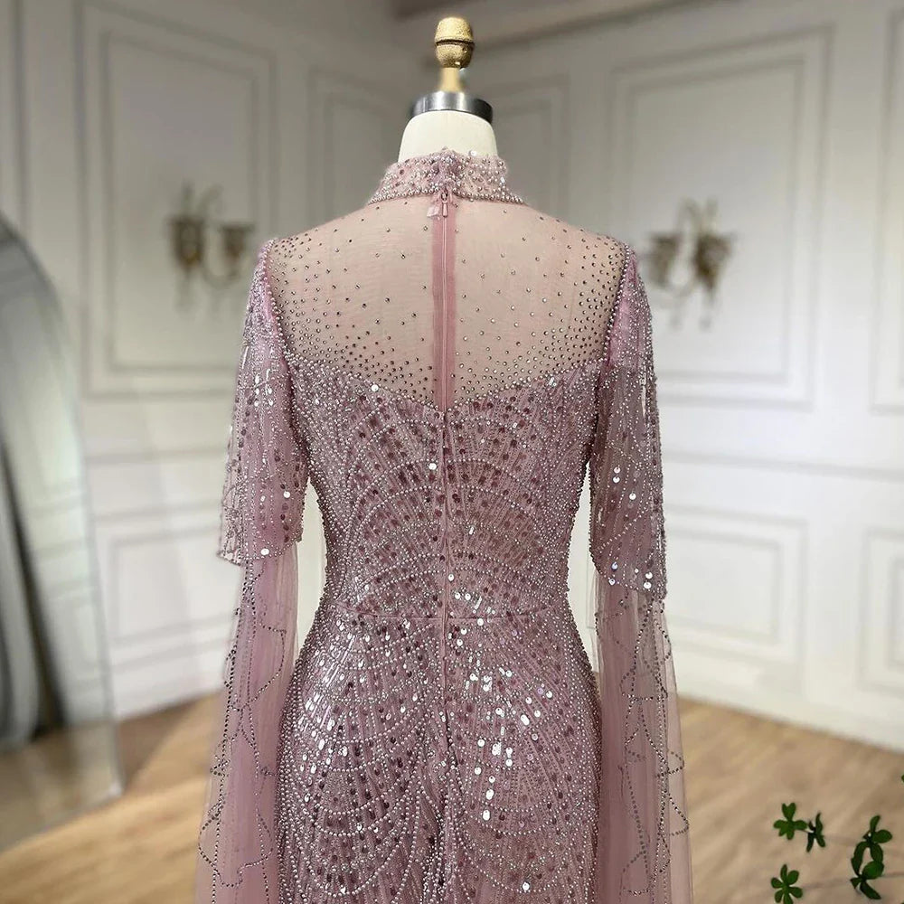 Vestido de noche árabe largo de lujo con mangas abullonadas, estilo sirena, con cuentas, color rosa de Dubái, para mujer, para fiesta de bodas LA71992A