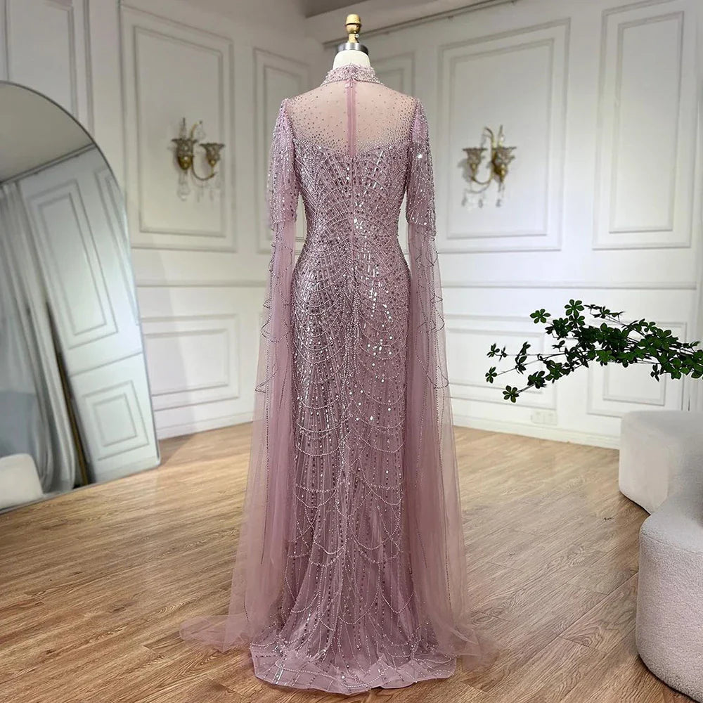 Vestido de noche árabe largo de lujo con mangas abullonadas, estilo sirena, con cuentas, color rosa de Dubái, para mujer, para fiesta de bodas LA71992A