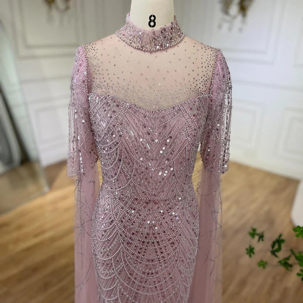 Vestido de noche árabe largo de lujo con mangas abullonadas, estilo sirena, con cuentas, color rosa de Dubái, para mujer, para fiesta de bodas LA71992A