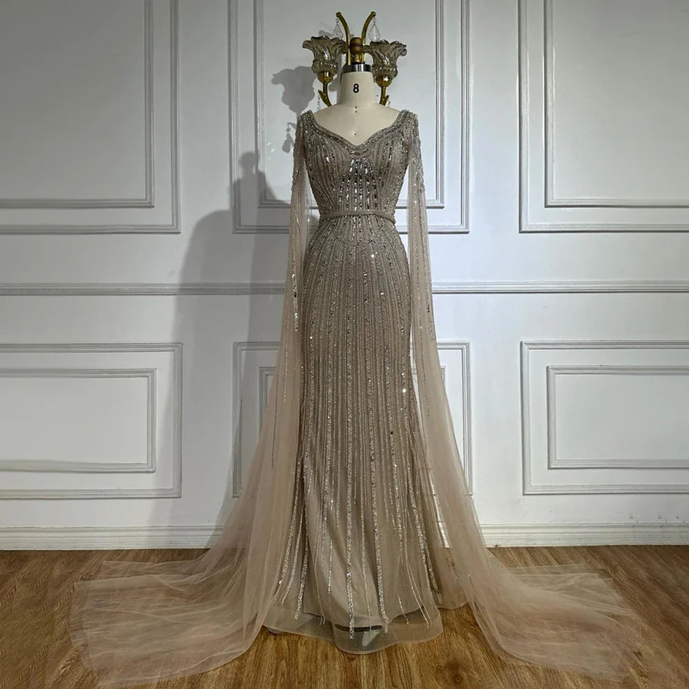 Elegante vestido de noche árabe de lujo con mangas abullonadas y cuentas en azul real de Dubái para mujer, fiesta 2025 LA72502
