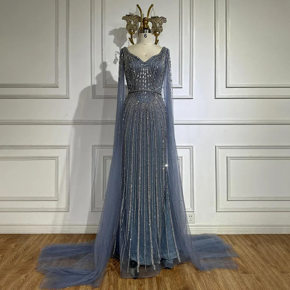 Elegante vestido de noche árabe de lujo con mangas abullonadas y cuentas en azul real de Dubái para mujer, fiesta 2025 LA72502