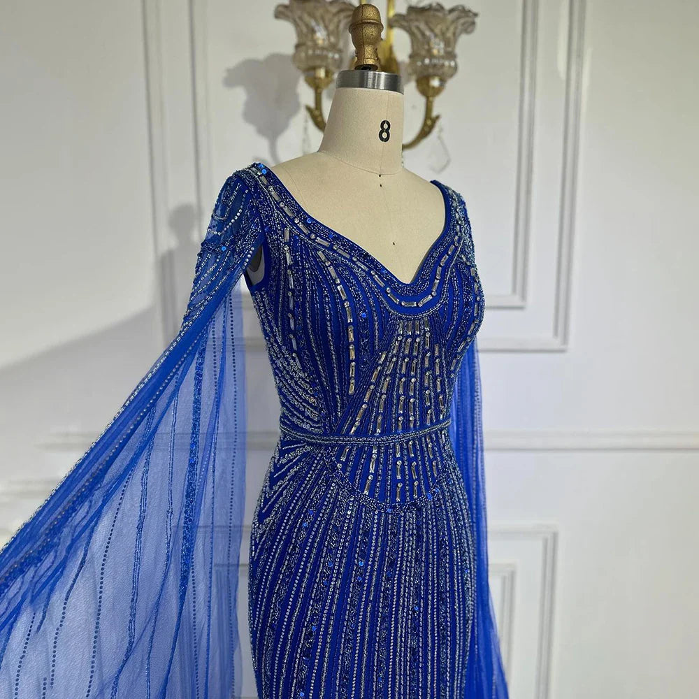 Elegante vestido de noche árabe de lujo con mangas abullonadas y cuentas en azul real de Dubái para mujer, fiesta 2025 LA72502