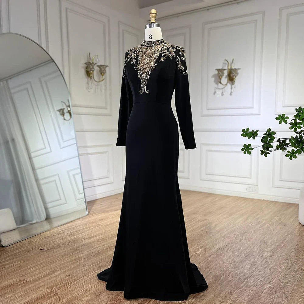 Vestidos de noche árabes de lujo con cuentas y satén estilo sirena de Dubái 2025 para mujer, para fiesta de bodas LA72354